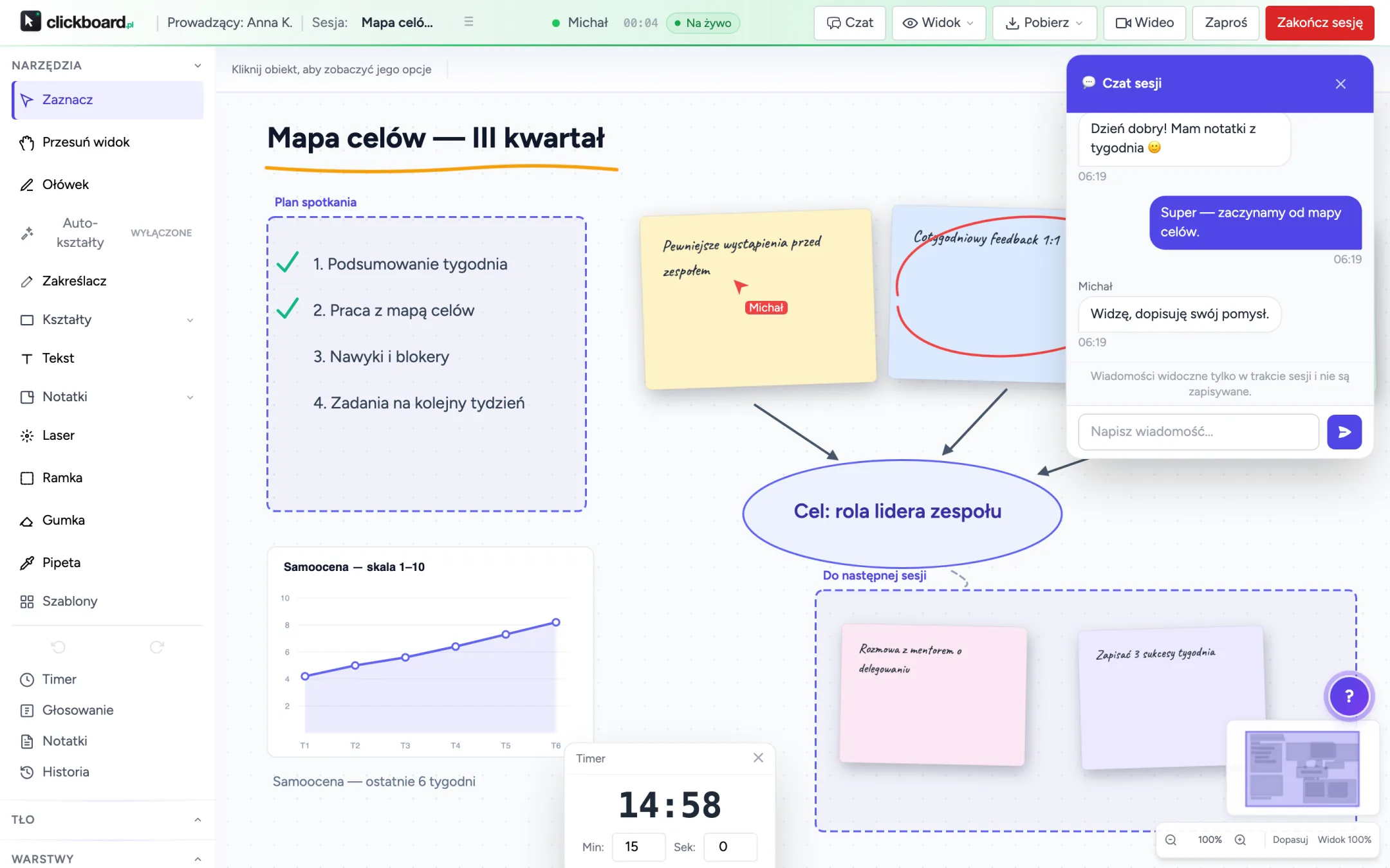 Sesja na żywo w ClickBoard: czat sesji, timer tablicy i kursor uczestnika na wspólnej tablicy