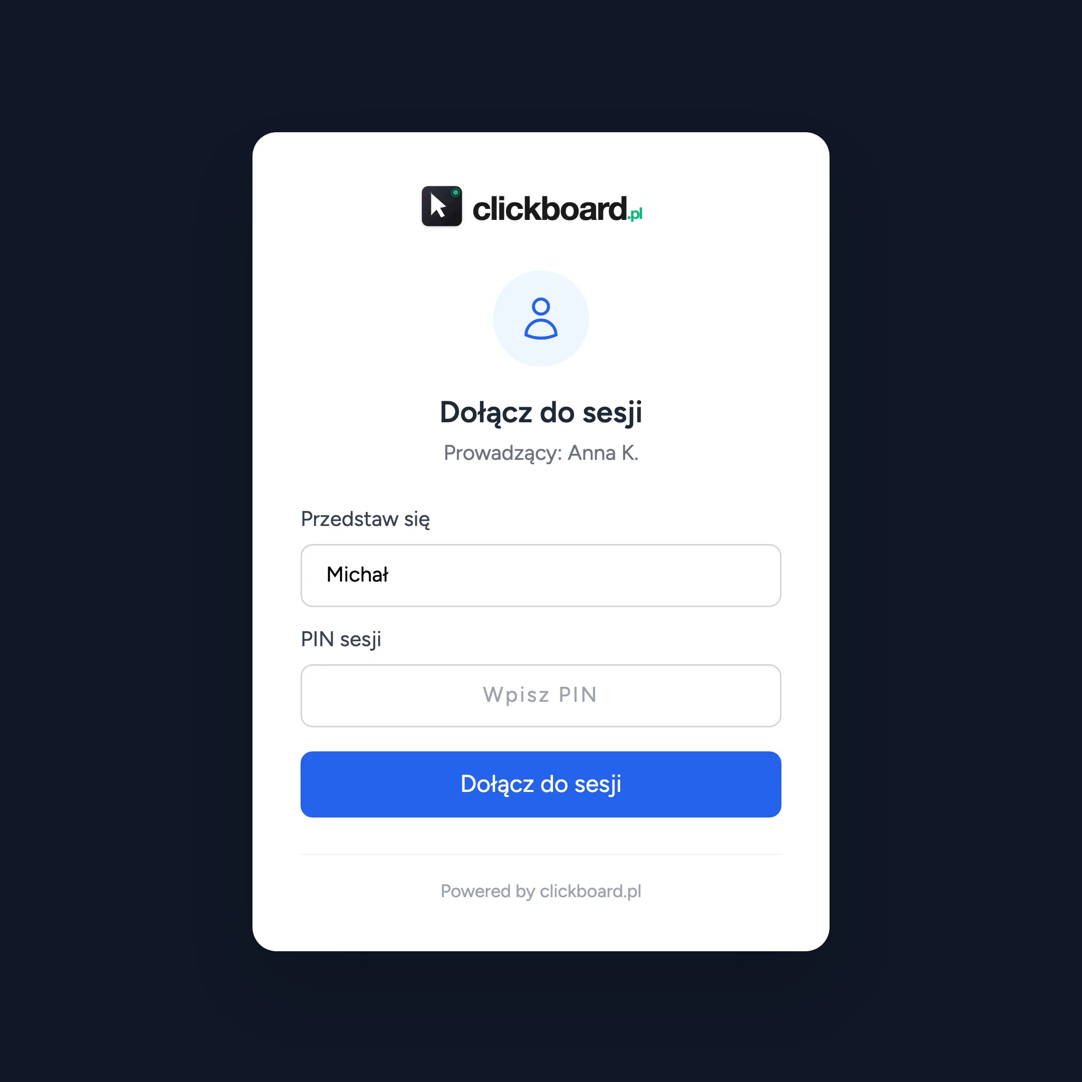 Ekran dołączania do sesji ClickBoard: uczestnik podaje tylko imię i PIN sesji, bez zakładania konta