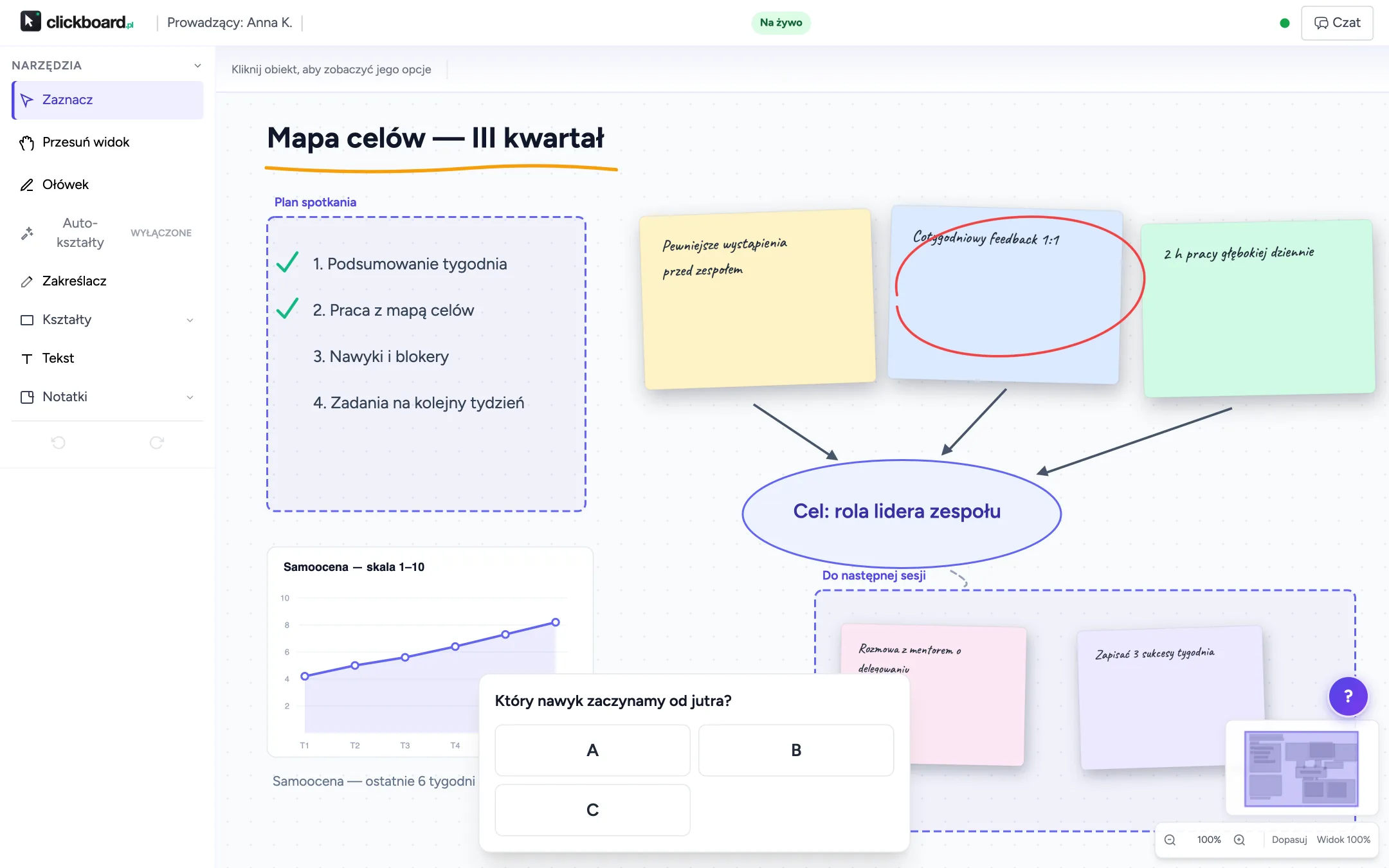 Ankieta na żywo w sesji ClickBoard: uczestnik wybiera odpowiedź A, B lub C na tle wspólnej tablicy